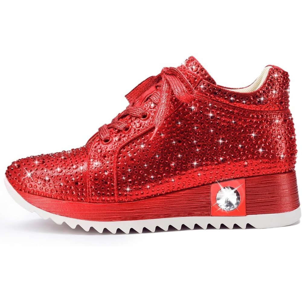 ⚡Women's Red Fashion Glitter Sneaker Platform Wedge Shoes Sparkly Rhinestone - Picture 2 of 5